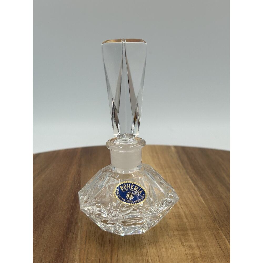 Vintage Bohemia Czech Republic Empty Perfume Bottle Crystal Clear Glass Stopper